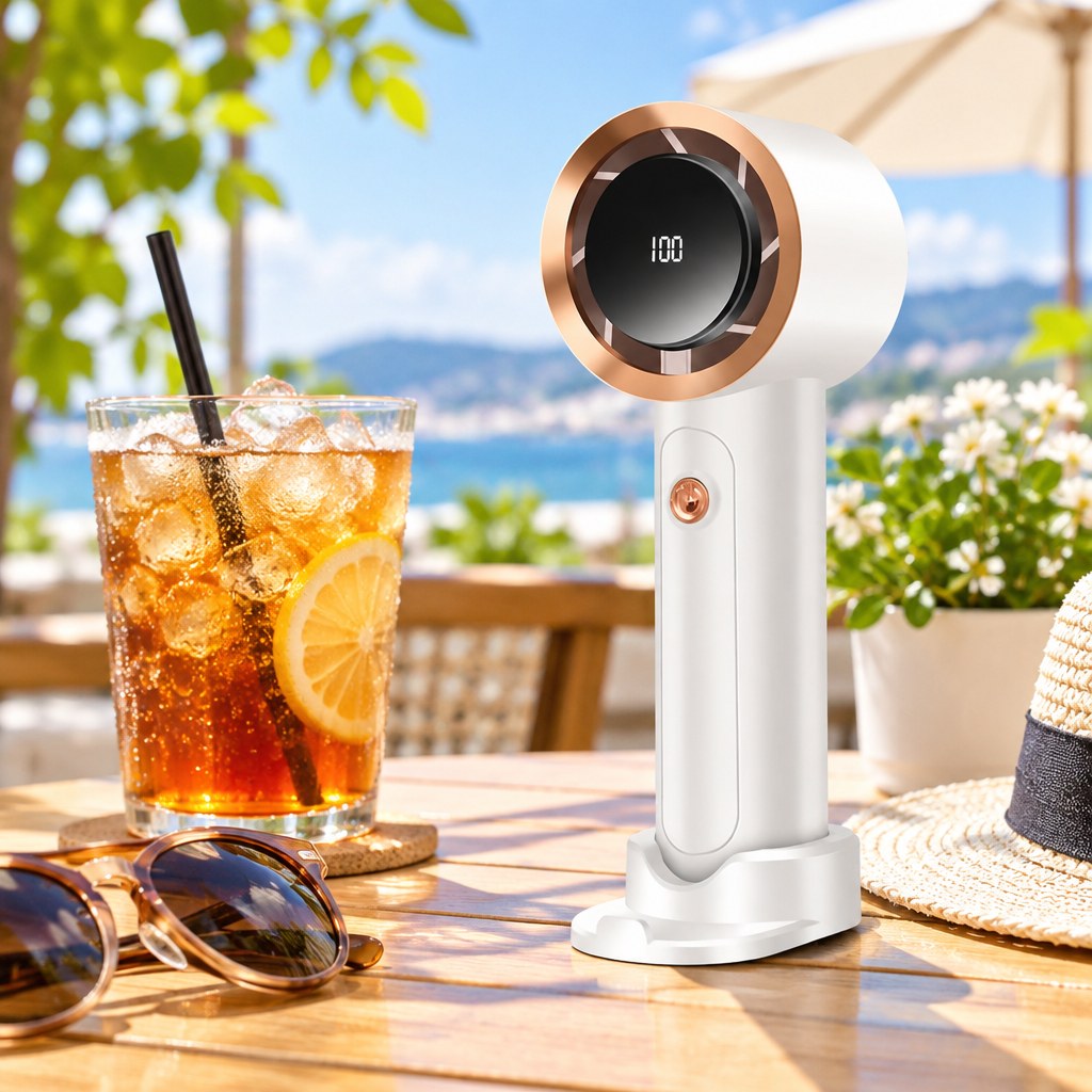 Breeze To-Go handheld fan on a sunny cafe table