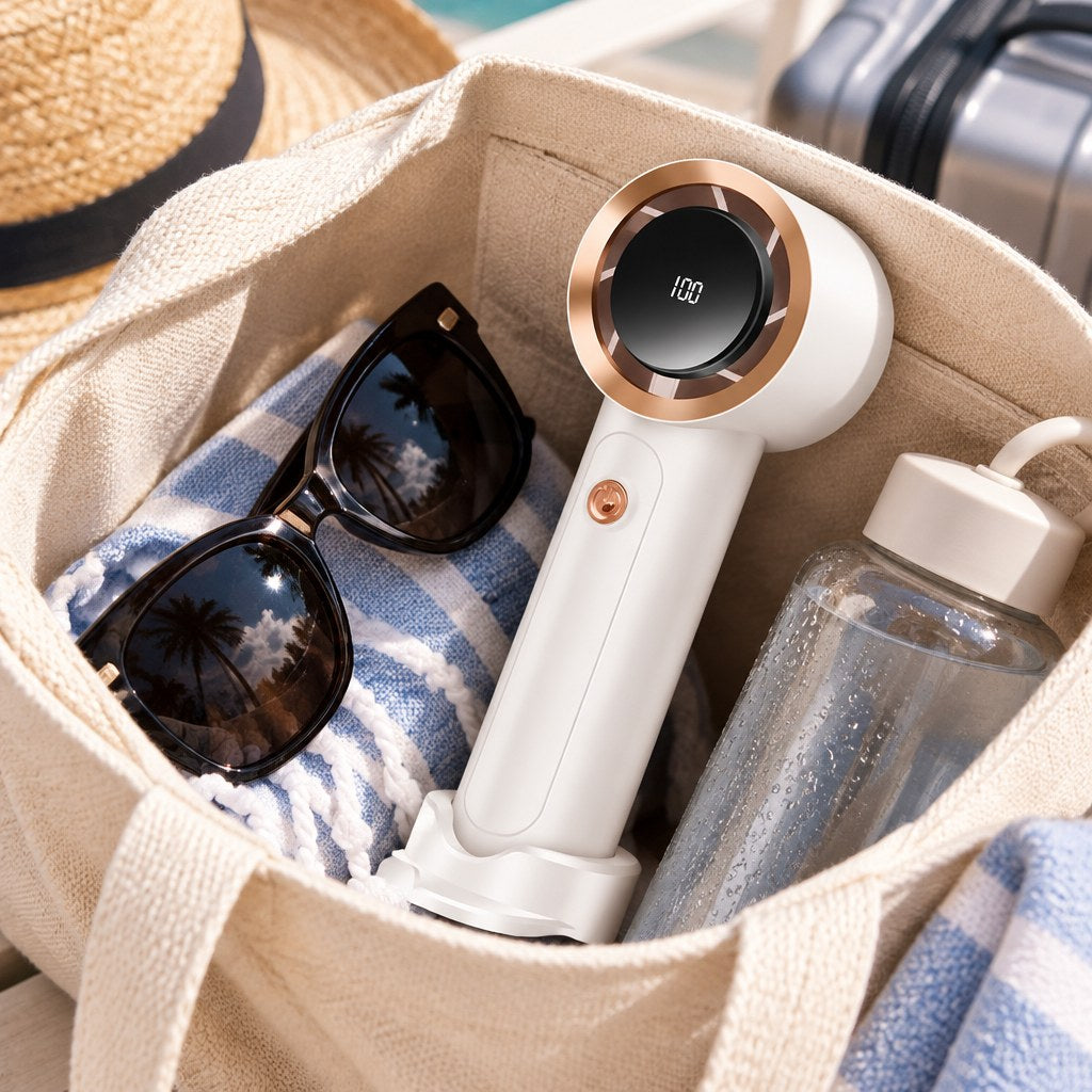 Breeze To-Go handheld fan in a travel tote bag