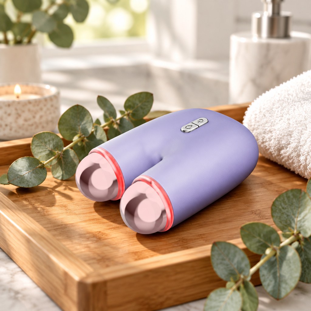 Glow Ritual facial massager on a wooden spa tray