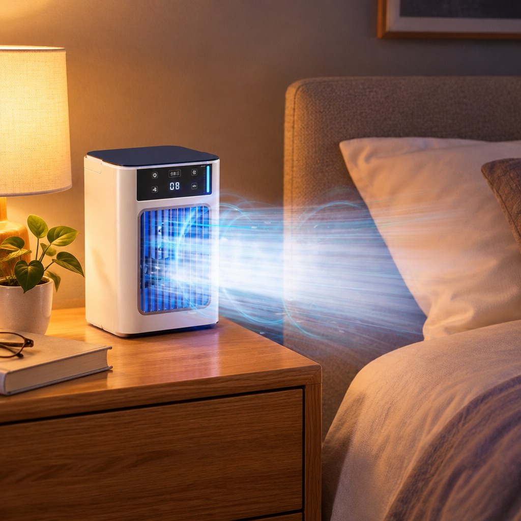 Mistbreeze desk fan and humidifier on a bedside table