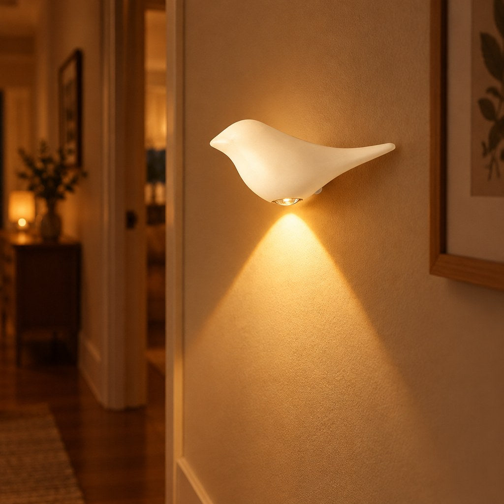 Perch bird night light glowing in a hallway