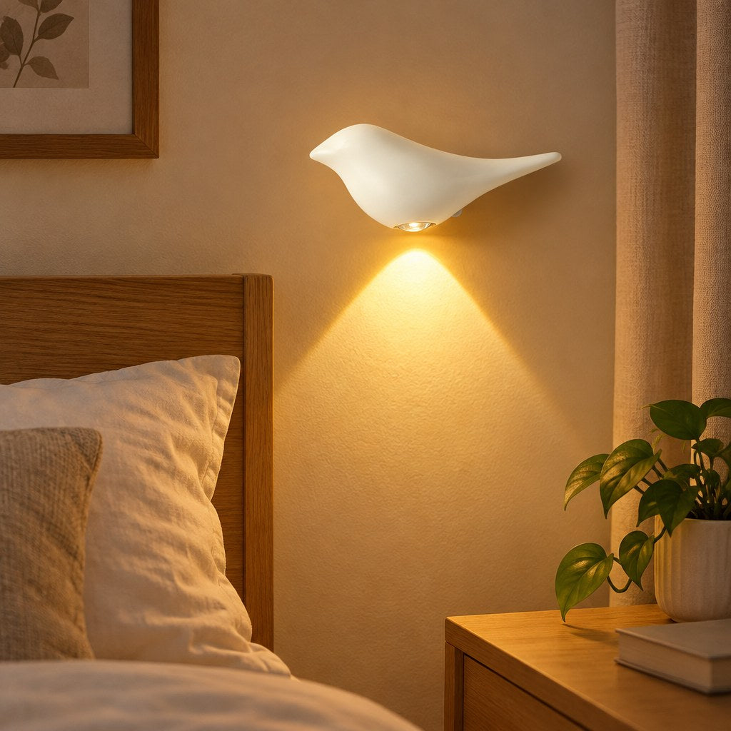 Perch bird night light on a bedroom wall