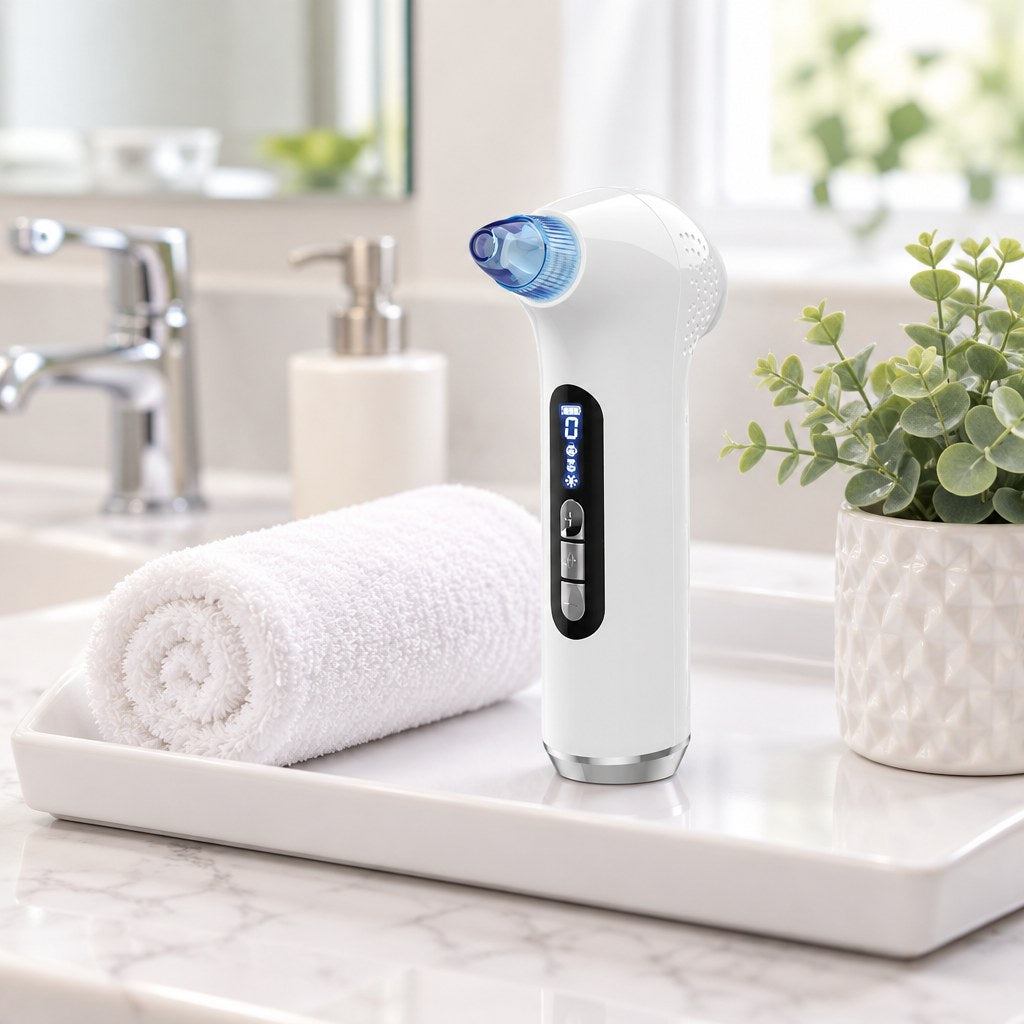 Renew facial vacuum on a bathroom vanity tray