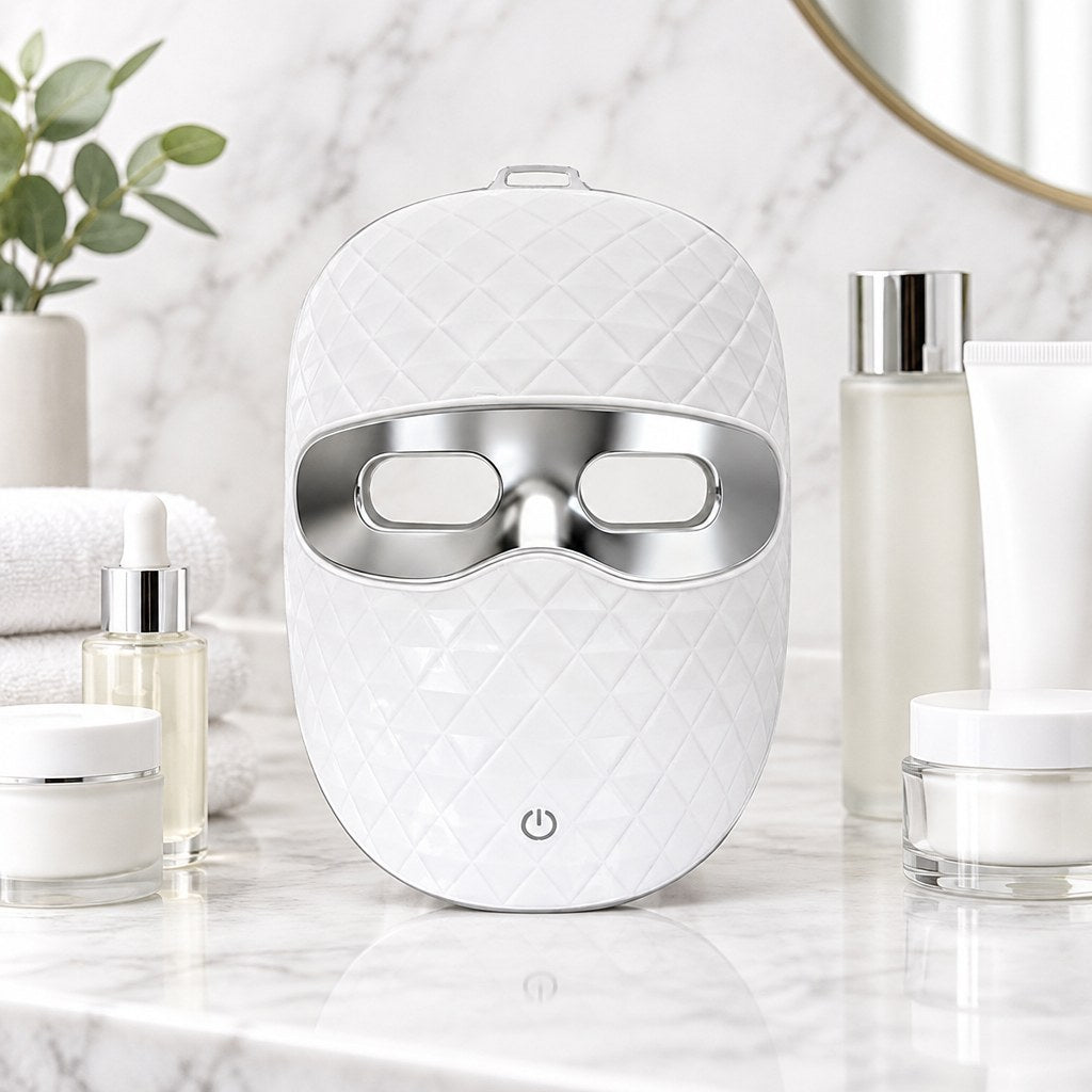 Softlight LED facial mask on a bathroom shelf