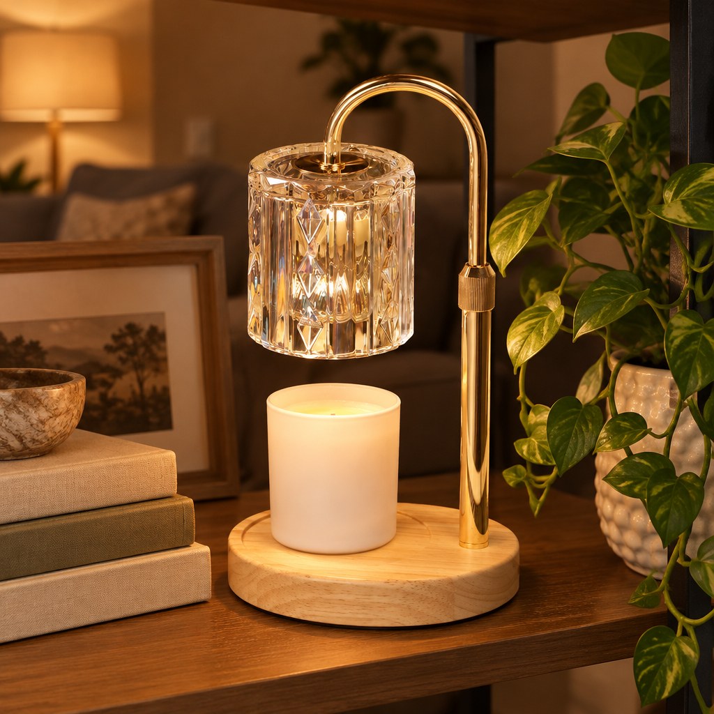 Warm Glow candle warmer lamp on a living room shelf